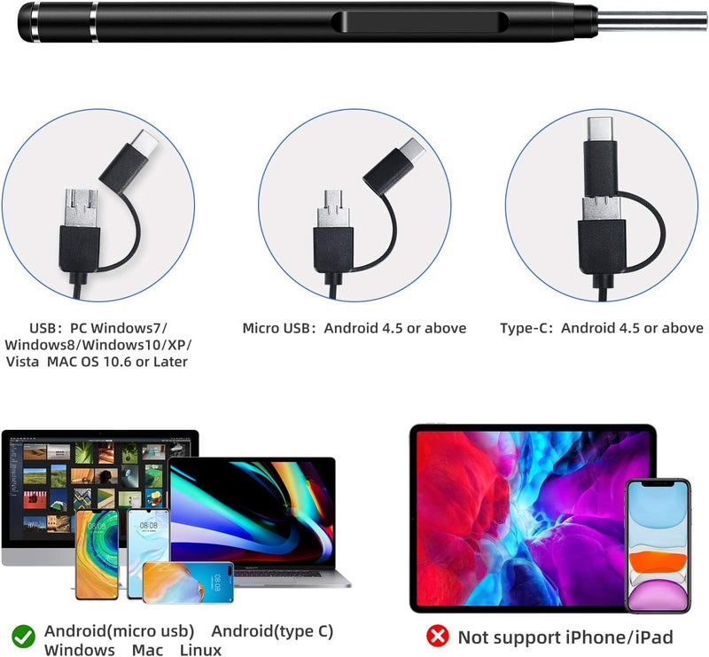 Jiusion 3.9mm Ultra-Thin Portable USB Digital Otoscope Camera with Carrying Case, HD 720P 6 LED Visual Ear Scope with 3 Hats 2 Silicone Caps 8 Earwax Spoons for Android Windows Mac NOT for iPhone iPad - Image 5